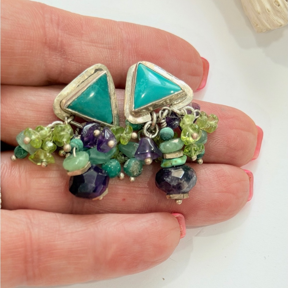 Turquoise Triangle Cluster Gemstone Drop Earrings… - image 1